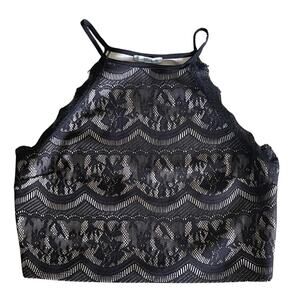 Charlotte Russe vintage frayed black lace sexy goth nude halter. Size L